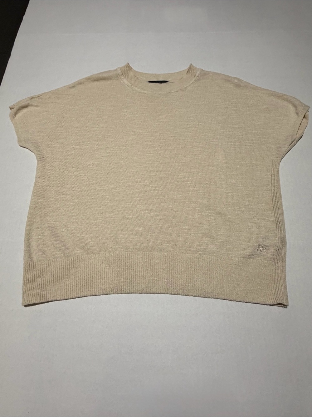 Banana Republic Women Beige Linen Rayon Knit Short Sleeve Crew Neck Sweater M